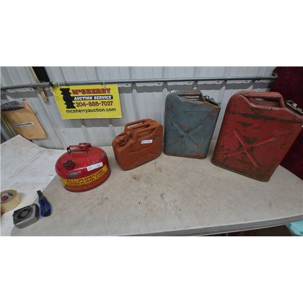 Vintage Metal Fuel Cans Including Red All-Purpose Gasoline Can and 3 Jerry Cans