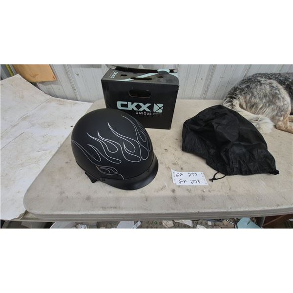 New CKX Matte Black Half-Shell Motorcycle Helmet with White Flames, Box and Drawstring Bag. Size