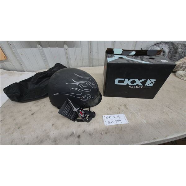 New CKX Revolt Half-Shell Motorcycle Helmet, Matte Black with White Flames, DOT, Box and Bag. Size
