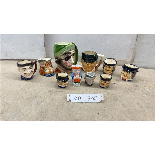 10 Vintage Ceramic Toby Character Mugs, Japan, Occupied Japan and Hand Painted