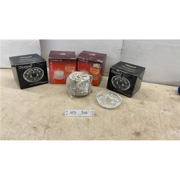 New Diamond Lead Crystal Coasters/Ashtrays and Silverplate Crystal Coaster Sets with Stands