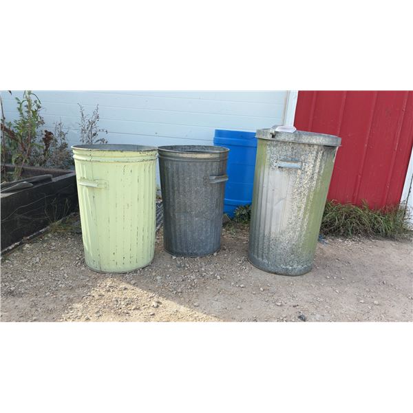 Three Galvanized Garbage Cans and 1 Lid