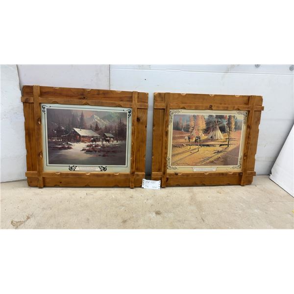 Pair of Rustic Wood Framed Western Prints, Cabin Winter Scene and Teepee Autumn Landscape, 22 × 26