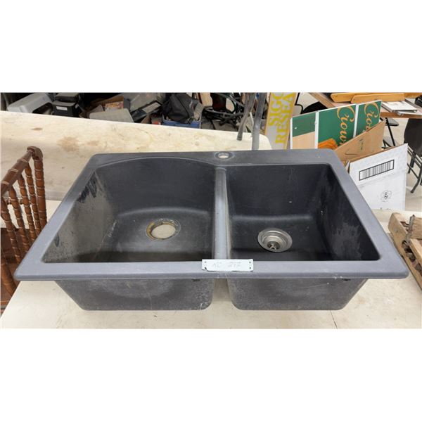 Dark Grey Composite Granite Double-Basin Drop-In Kitchen Sink with Offset Bowls and Low Divide