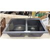 Image 1 : Dark Grey Composite Granite Double-Basin Drop-In Kitchen Sink with Offset Bowls and Low Divide