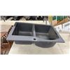 Image 6 : Dark Grey Composite Granite Double-Basin Drop-In Kitchen Sink with Offset Bowls and Low Divide