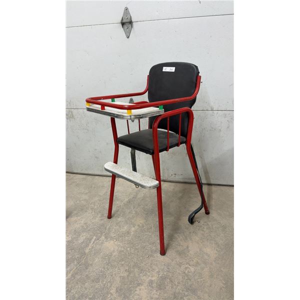 Vintage Mid-Century Child's High Chair, Red Tubular Metal Frame with Black Vinyl Upholstery