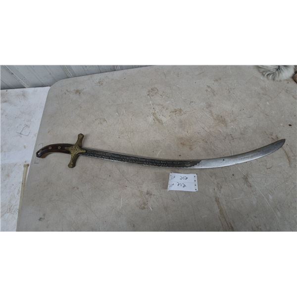 Commemorative Turkish-Style Scimitar Sword with Engraved Blade and Decorative Brass Hilt. 33”