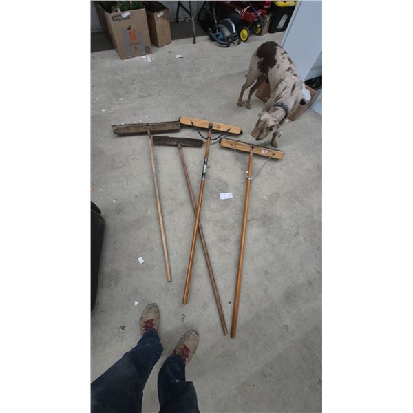 Lot of 4 Push Brooms Including Quickie Wooden Block Head Broom with Metal Brace