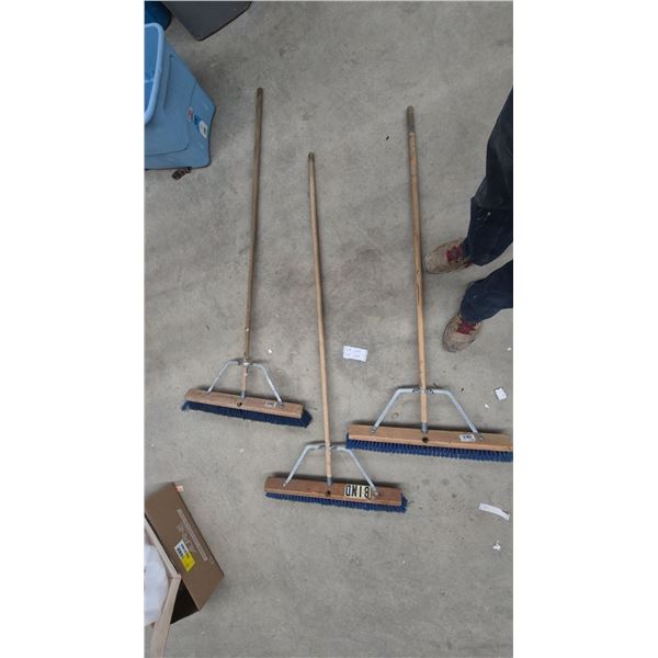 Three BIND Industrial Push Brooms with Blue Bristles, Wooden Heads, and Wood Handles