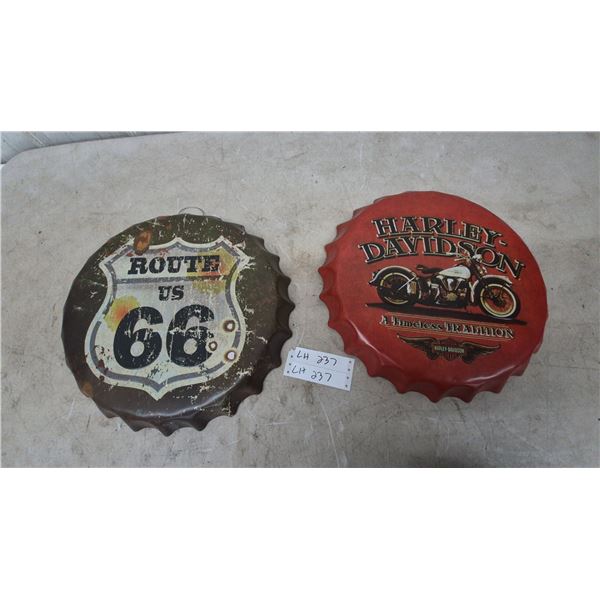 Route 66 and Harley-Davidson Bottle Cap Metal Wall Signs. Modern. Diameter 15”