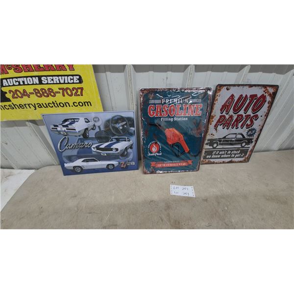Camaro Z/28, Premium Gasoline Filling Station, and Auto Parts Decorative Metal Signs Set of 3.