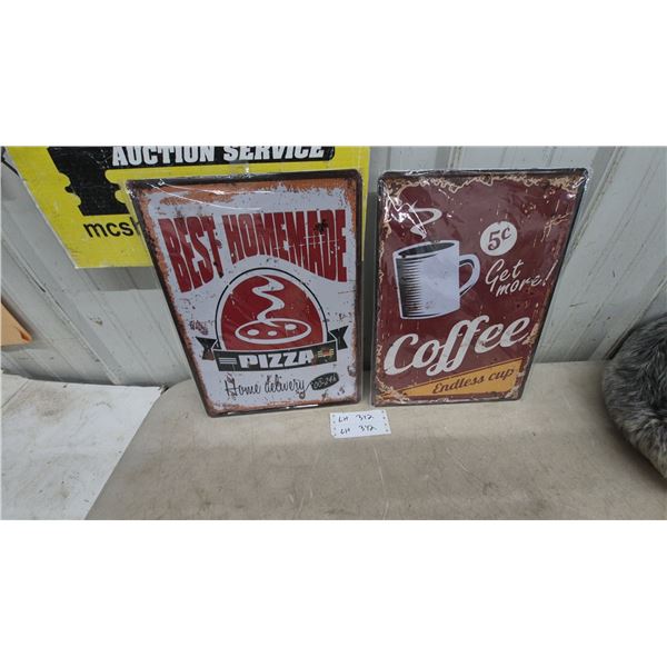 Two Vintage-Style Tin Signs, "Best Homemade Pizza" and "5¢ Coffee Endless Cup" 12”×16”