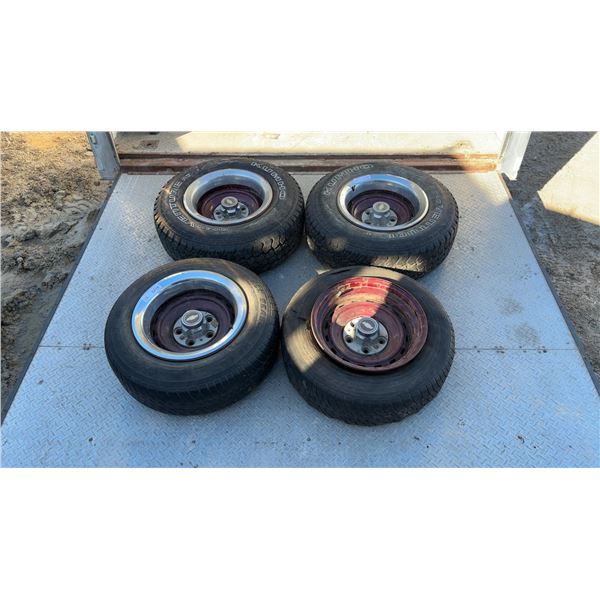 4 Red 15” Chevy Truck Rims with Centre Caps and Staggered Tires