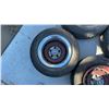 Image 2 : 4 Red 15” Chevy Truck Rims with Centre Caps and Staggered Tires
