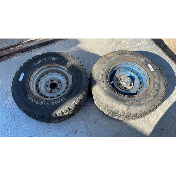 2 15” 5 Bolt Steel Rims with Tires: Laredo 31x10.50R15 and Goodyear 31x10.50R15