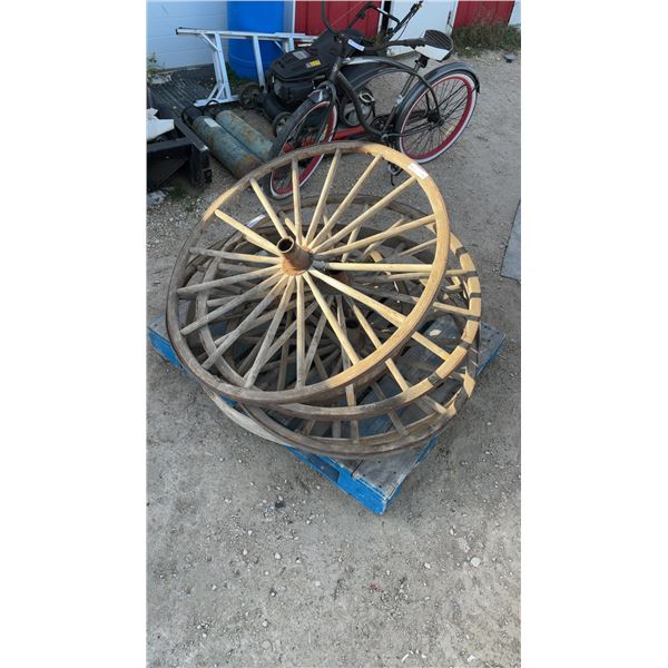 5 Wooden Wagon Wheels, 4 with Metal Rim and Centers 39”, 1 All Wood 48”