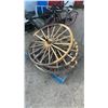 Image 1 : 5 Wooden Wagon Wheels, 4 with Metal Rim and Centers 39”, 1 All Wood 48”