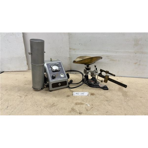 Nuclear Enterprises Ltd. Model 919 Moisture Meter, 1955, and Ohaus Balance Scale with Brass Pan