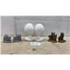 Image 1 : Three Pairs of Bookends: Silver Horse and Rider, Bronze Sailing Ship, and Ceramic Egg on Pedestal