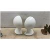 Image 3 : Three Pairs of Bookends: Silver Horse and Rider, Bronze Sailing Ship, and Ceramic Egg on Pedestal