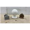 Image 5 : Three Pairs of Bookends: Silver Horse and Rider, Bronze Sailing Ship, and Ceramic Egg on Pedestal