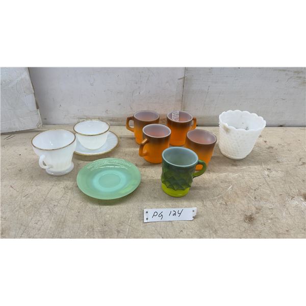 Fire-King Milk Glass Lot: Ombre Mugs, Swirl Teacups, Jade-ite Saucer, Hobnail Vase