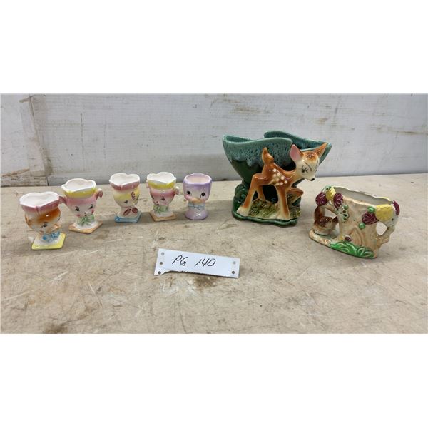 Vintage 1950s Mid-Century Kitsch Anthropomorphic Puppy and Chick Ceramic Egg Cups. MCM H
