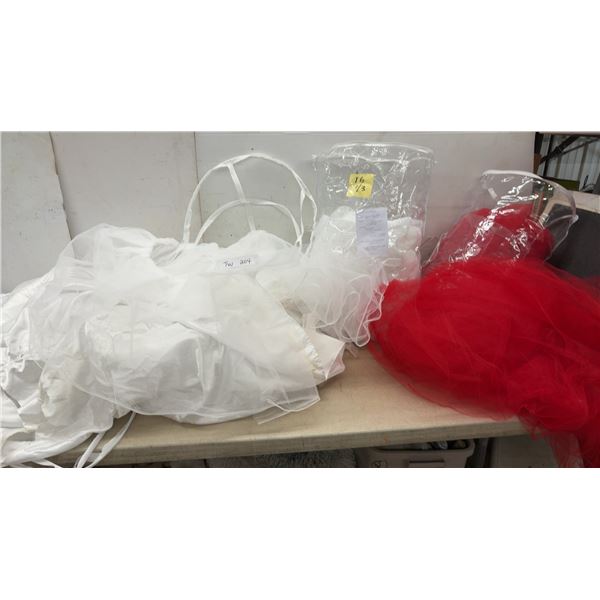 Crinoline Lot: Red and White Layered Fabric, Hoop Wire, and Hoop Petticoat with Crinoline