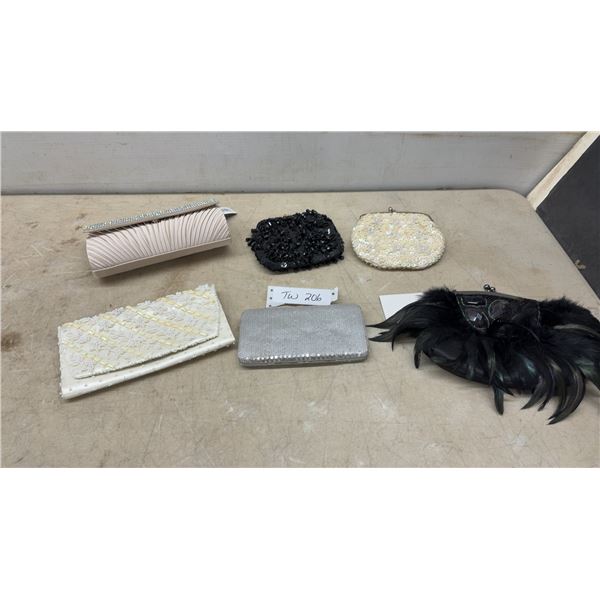 Six Women's Evening Clutches and Purses, Beaded, Sequined, and Feathered