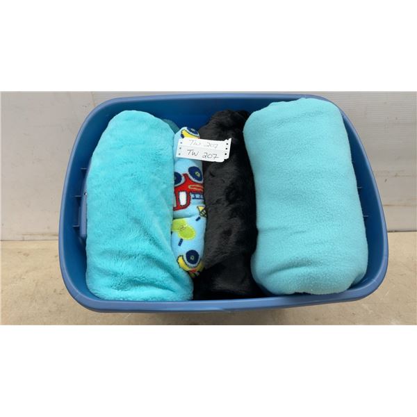 4 Fabric Pieces: Black Faux Fur, Blue Truck Fleece, Teal Plush and Teal Fleece. Measurements in