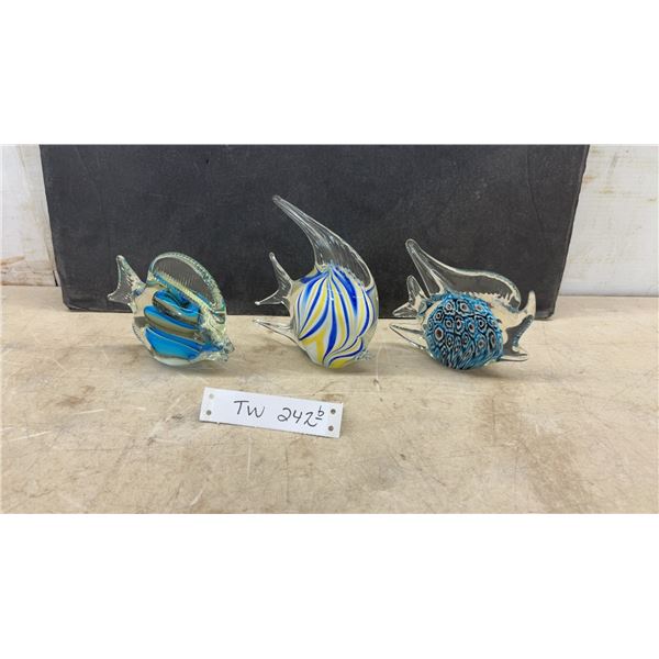 Set of Three Murano Style Hand-Blown Art Glass Fish Figurines With Millefiori and Striped Designs