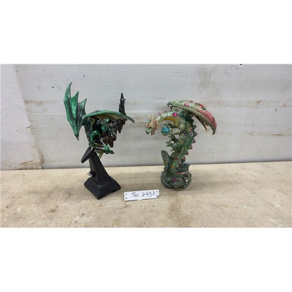 Two Decorative Fantasy Dragon Figurines with Gemstone Accents and Blue Orb, 11 and 13” Tall