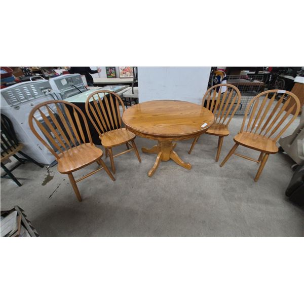 Round Oak Pedestal Dining Table, 30” Tall, 42” Diameter, with 4 Windsor-Style Spindle-Back Chairs