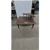 Image 1 : Mid-Century Modern Two-Tier Step End Table with Tapered Legs and Brass-Tipped Feet, 22” × 30” × 30”