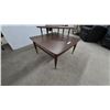 Image 4 : Mid-Century Modern Two-Tier Step End Table with Tapered Legs and Brass-Tipped Feet, 22” × 30” × 30”