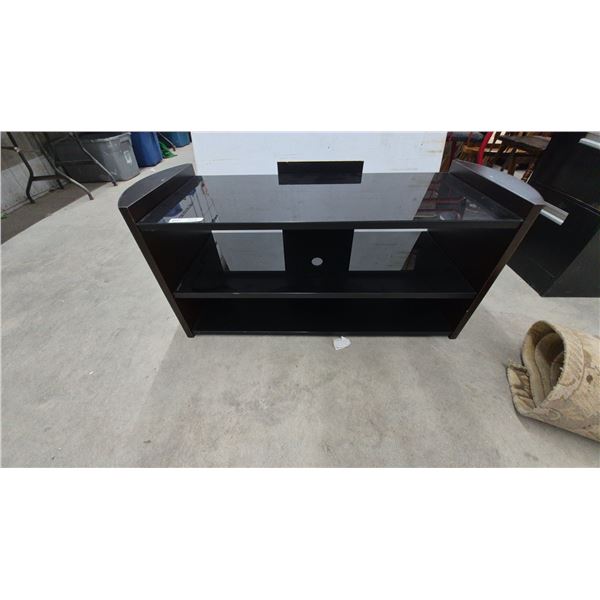 Black Glass and Wood TV Stand with Curved Side Panels and Open Shelving 21”×48”×18”