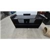 Image 1 : Black Glass and Wood TV Stand with Curved Side Panels and Open Shelving 21”×48”×18”