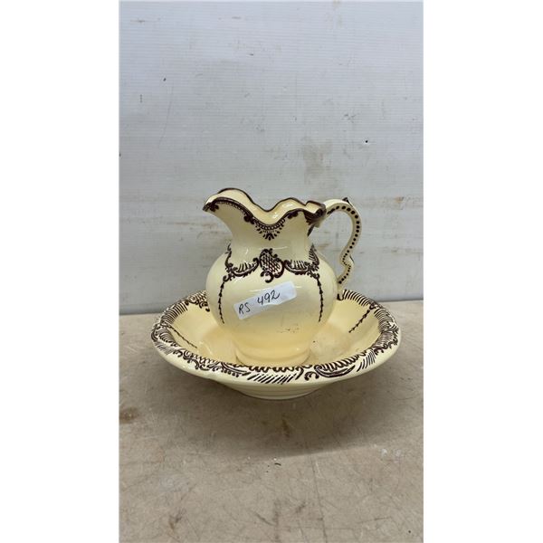 Vintage Ceramic Pitcher and Wash Basin Set With Cream Glaze and Brown Scrolling Pattern