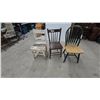 Image 1 : Three Distressed Wooden Chairs: White Ladder-Back, Brown Spindle-Back, Green Windsor-Style