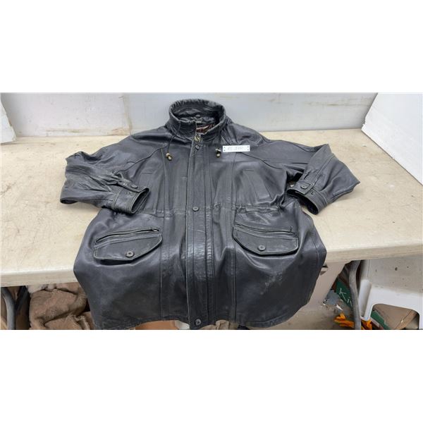 Danier Men's Black Leather Parka-Style Jacket with Full-Zip Front and Drawstring Waist, Size XL