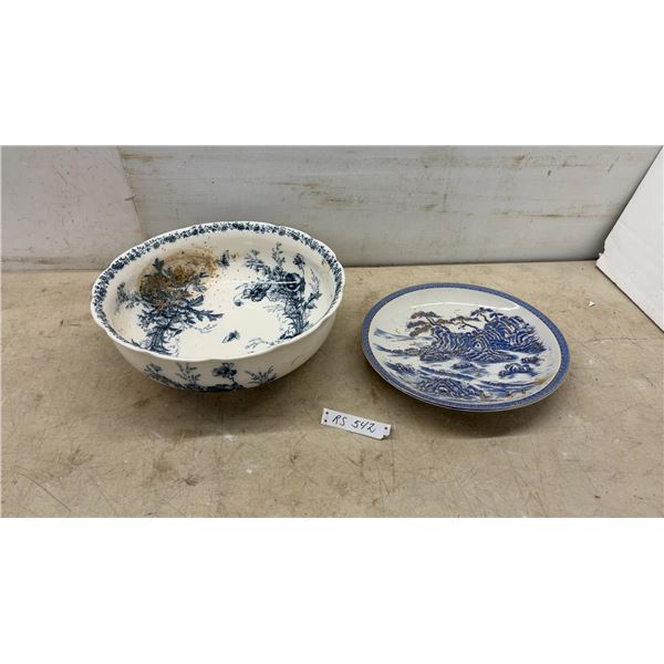 Blue and White Floral Transferware Bowl and Japanese Imari-Style Landscape Plate