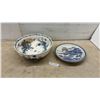 Image 1 : Blue and White Floral Transferware Bowl and Japanese Imari-Style Landscape Plate