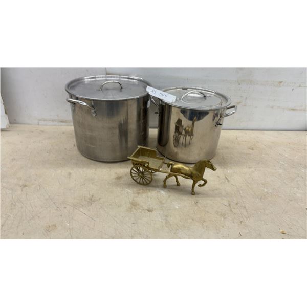Two Large Stainless Steel Stockpots With Lids and Brass Horse and Cart Figurine