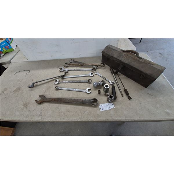 Vintage Metal Toolbox With Gray Alloy Steel Wrenches, Sockets, Ball Hitch, Reamer Bits