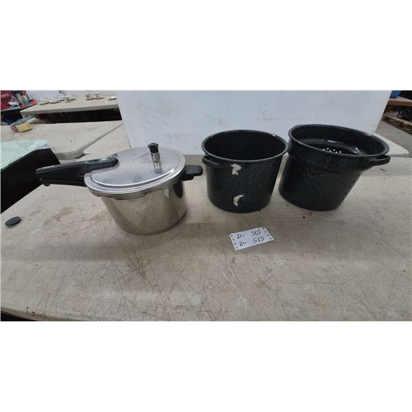 T-Fal Safe 2 Stainless Steel Pressure Cooker and Speckled Enamelware Pot with Steamer Insert