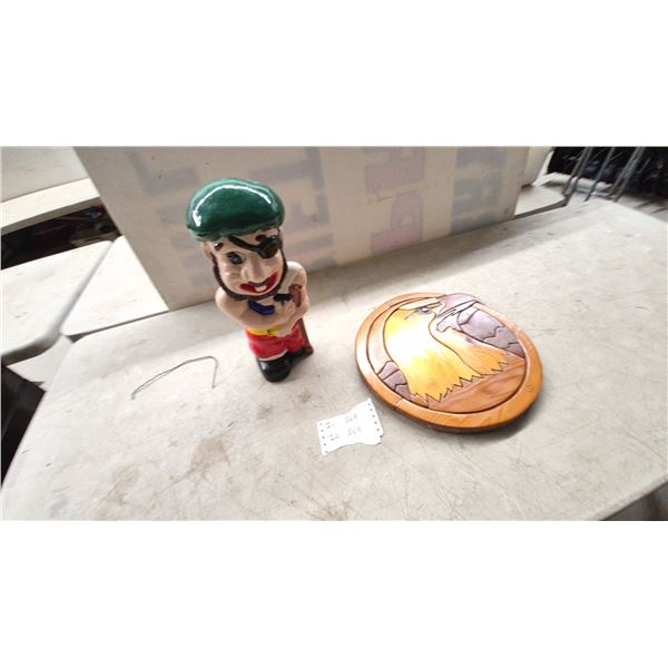 Ceramic Pirate Coin Bank and Wooden Intarsia Eagle Head Plaque