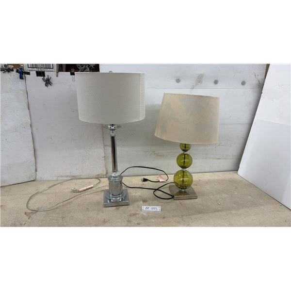 Pair of Modern Table Lamps, Chrome Column and Olive Green Glass Sphere With Fabric Shades