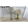Image 1 : Pair of Modern Table Lamps, Chrome Column and Olive Green Glass Sphere With Fabric Shades