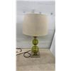 Image 2 : Pair of Modern Table Lamps, Chrome Column and Olive Green Glass Sphere With Fabric Shades